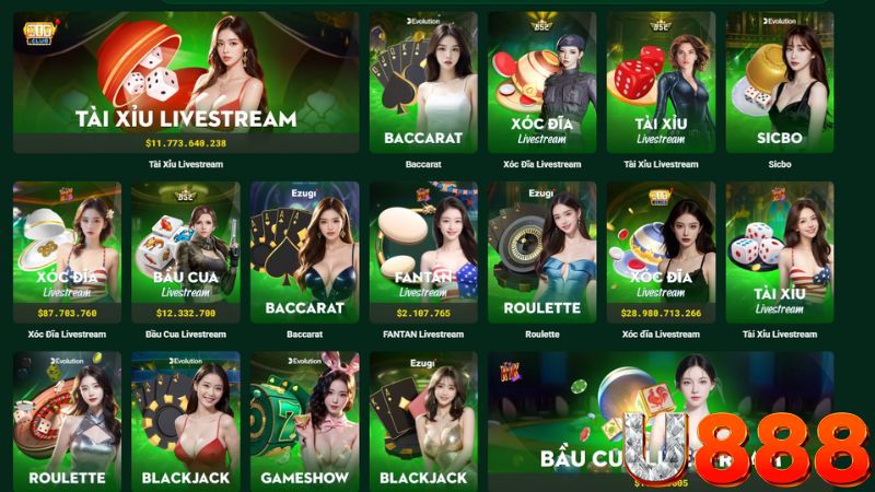 Casino U888 cung cấp đa dạng trò chơi cho cược thủ