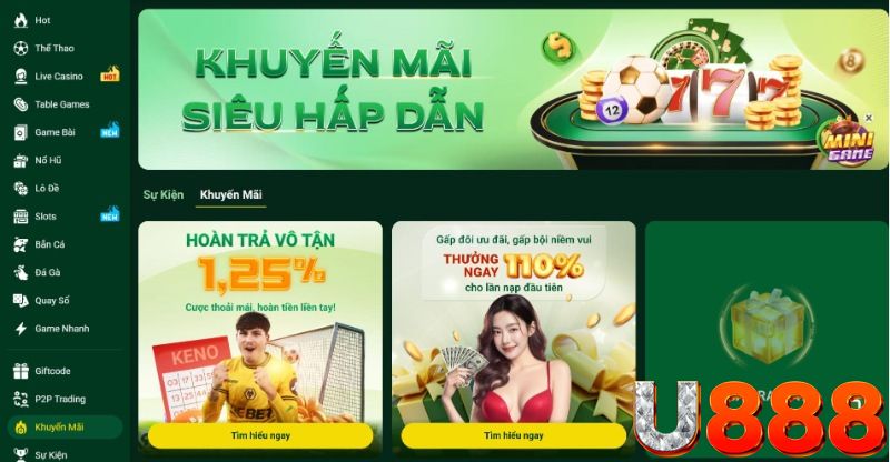 Top khuyến mãi U888 hiện có dành cho các hội viên 